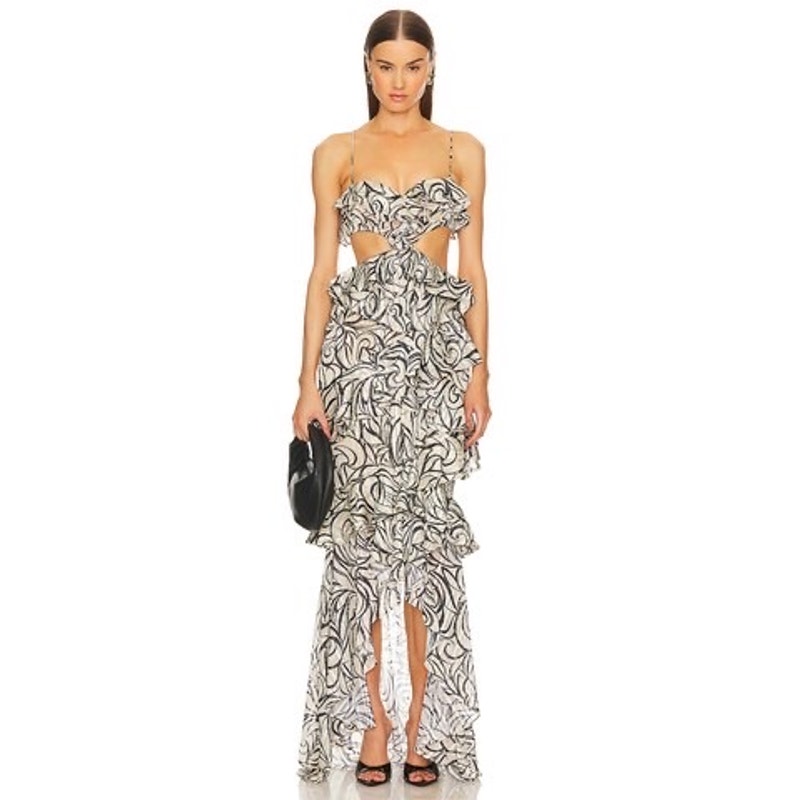 Michael Costello Black & White High-Low Ruffle Cutout Gown